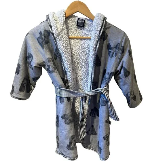 Woodrow & Friends Fleece Puppy Dog Gray  White Robe Housecoat‎ Size 5/6