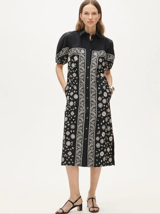 J. Crew Shirt-Dress in Bandana-print Cotton poplin - black, white, tan