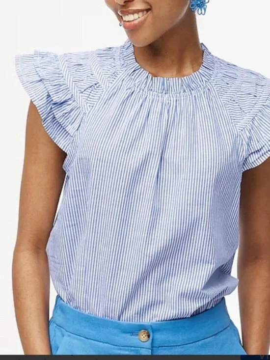 J. Crew Cotton Blue Stripe Ruffle-Sleeve Top