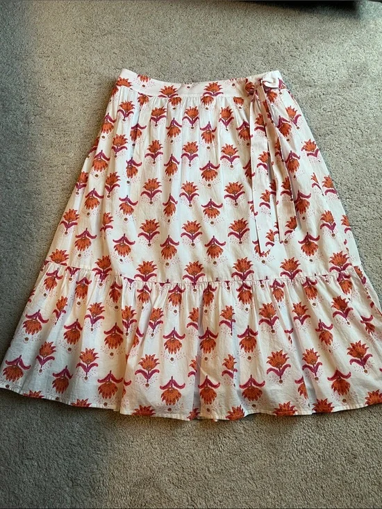 J. Crew Cream Midi Skirt with Pink & Orange Floral Motif