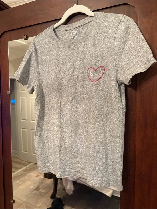 J. Crew Gray Tee with Red Heart 'grace' Embroidery