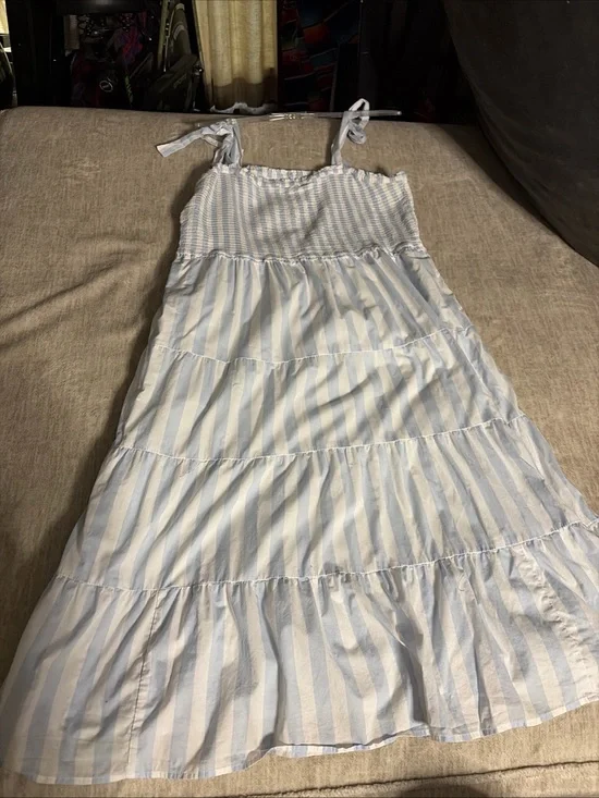 J Crew Light Blue & White Striped Tiered Shoulder Maxi Dress XXL