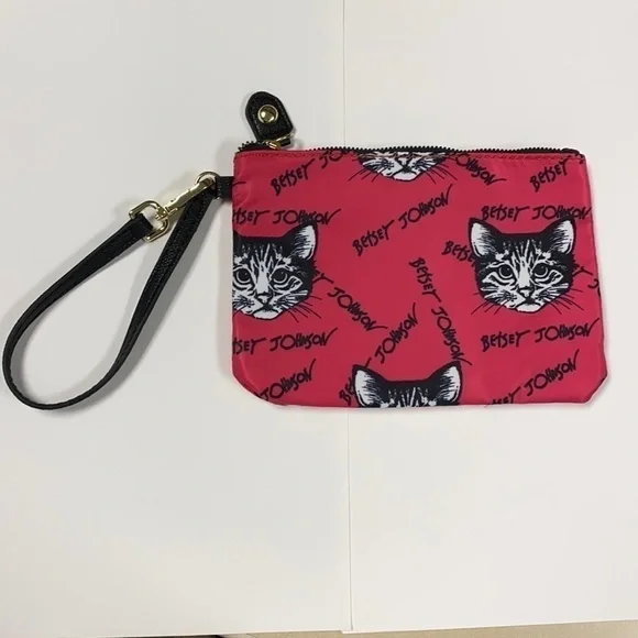 Betsy Johnson Pink Black Zip Cat Wrist Clutch Bag