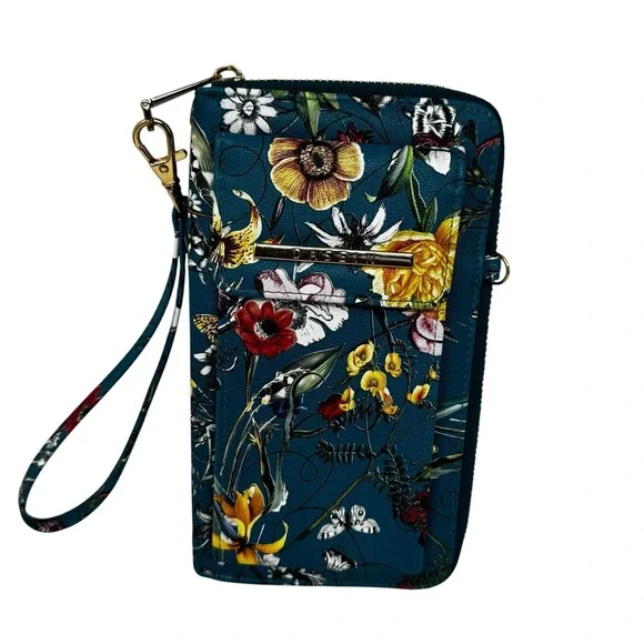 Dasein Floral Wristlet Bag Green Faux Leather Wrist Strap Pebbled Wallet Purse