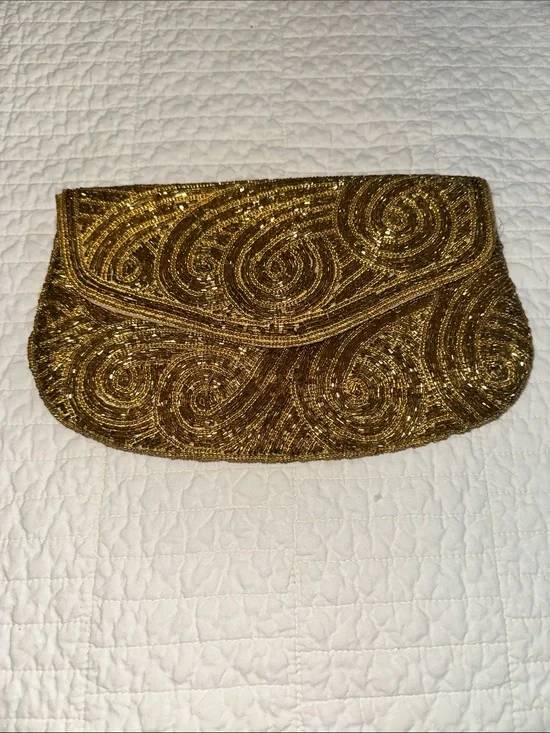 Vintage Gold Beaded Women's Evening Clutch Wedding Formal Ball Flap