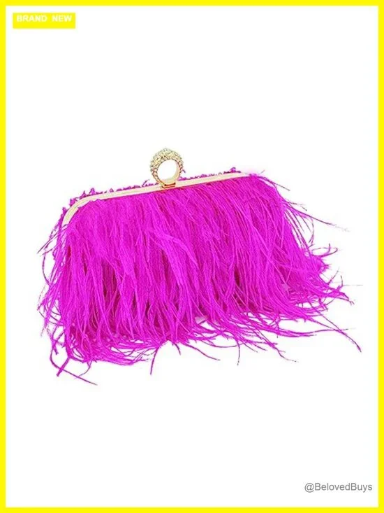 Ostrich Feather Clutch Evening Bag with Crystal Twist Lock for Party Prom