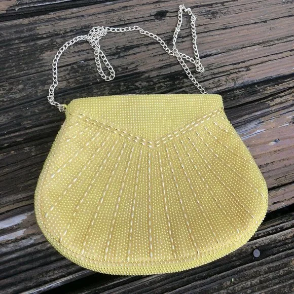 Yellow Gold Corde Art Deco Beaded Purse Evening Bag Vintage 50s 60s Hong Kong