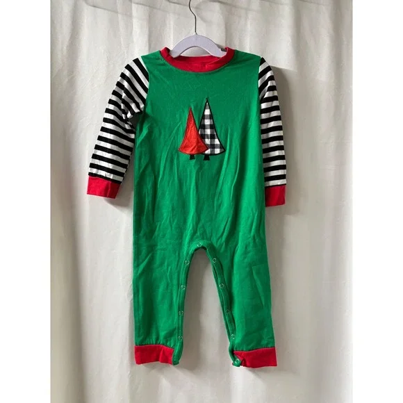 Kids Christmas Pajamas Green Red Plaid Tree‎ Long Sleeve One Piece  18 mo NWOT