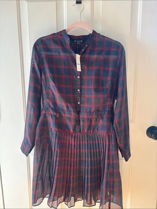J. Crew Navy and Red Plaid Long-Sleeve Pleated Shirt Dress