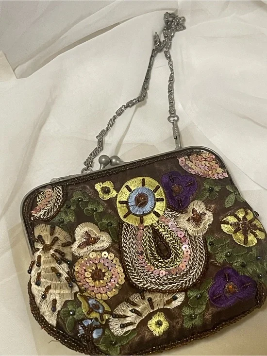 Embroidered Floral Evening Bag in Brown with Multicolor Accents