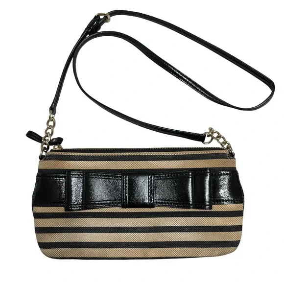 Kate Spade Villabella Ave. Celina‎ Striped Bow Wristlet Clutch Black Tan Patent