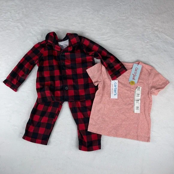 Lot‎ of 2 Carter's T-Shirt & Pajama Set Girls 18M Just One You Red Buffalo Plaid