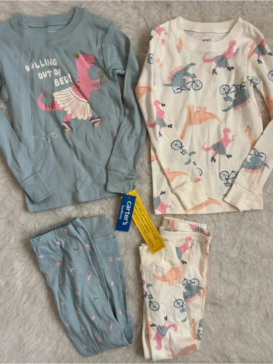 Carter's NWT Girls Set of 2 Dino Pajamas  Light Blue, Cream & Pink Accents