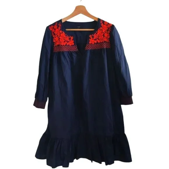 J. Crew Dark Blue Dress with Bright Red Embroidery Size S
