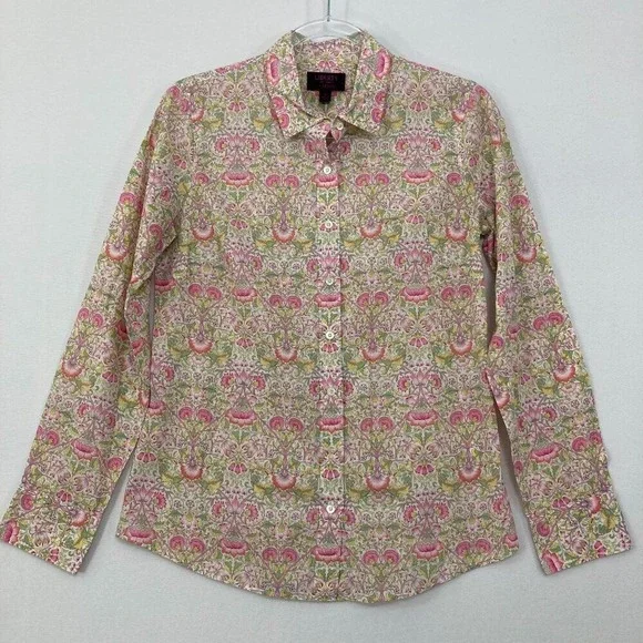 J. Crew sz 2 Liberty Art Fabric Pink Green Floral Lodden‎ Print Button Up Preppy