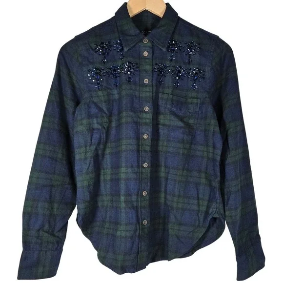 J. Crew Embellished shrunken button-up shirt tartan brushed cotton oxford 4 NWT‎