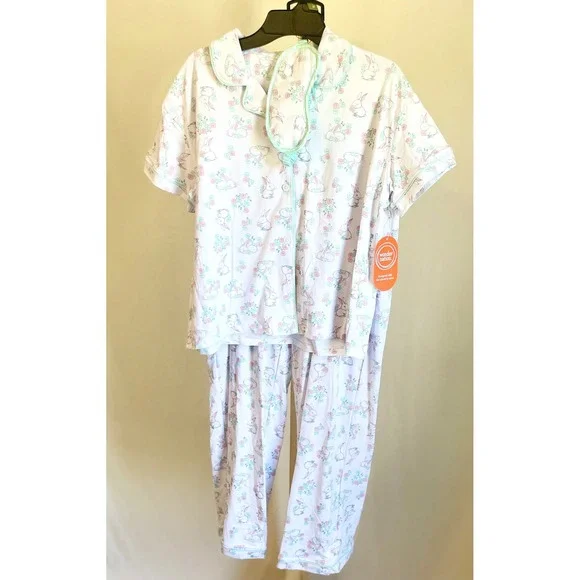 Wonder Nation‎ Girls 3-Piece Pajama Set Bunny Floral White Pink XL 14-16 NWT