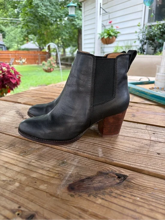 J. Crew Black Leather Chelsea Ankle Boots with Stacked Wood Heel