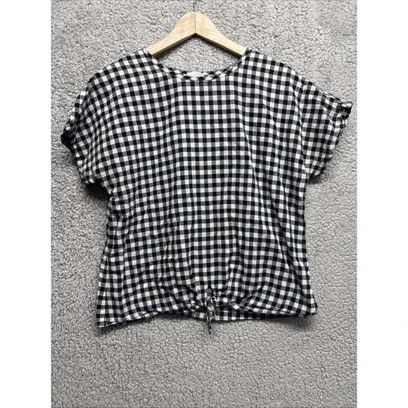 J Crew Top Womens Size S Black White Gingham Check Knotted