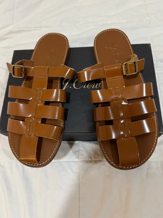 J. Crew Fisherman Strappy Slide Sandals in Spazzolato Shiny Leather