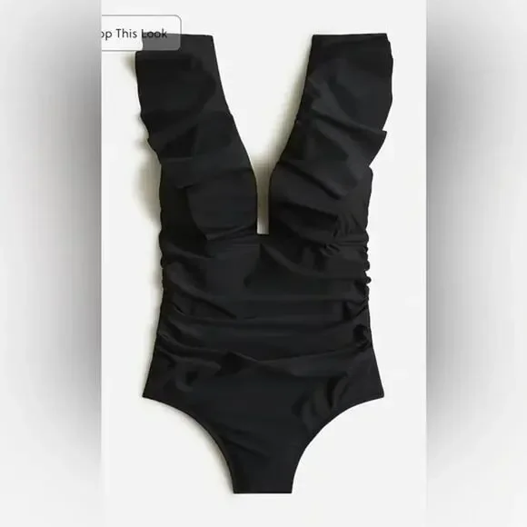 J. Crew Ruched Ruffle Shoulder V-neck One-Piece Swimsuit‎ Black XXS