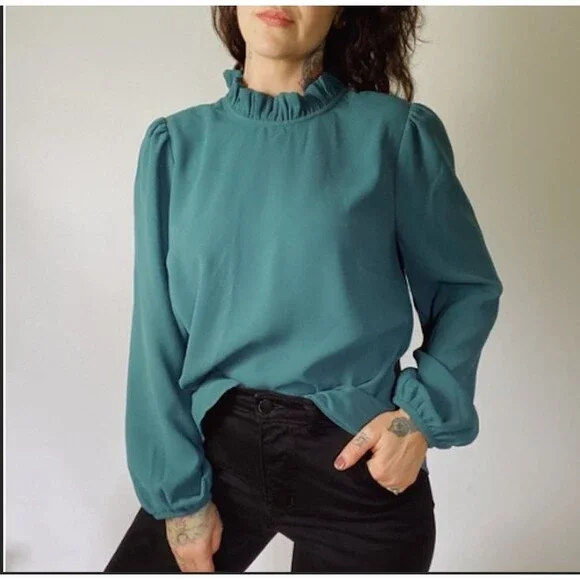 J.Crew Long Sleeve Ruffleneck Blouse-Size XS-365 Crepe-Prep-Chic-Classic-FLAW