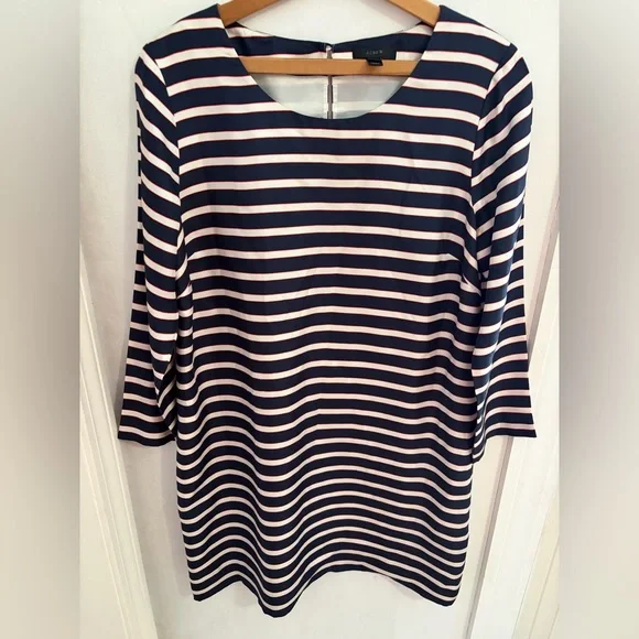 J Crew preppy minimal striped silk striped dress with sleeves size 8.