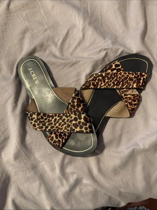 J. Crew Leopard-Print Cross-Strap Slide Sandals - Black & Brown