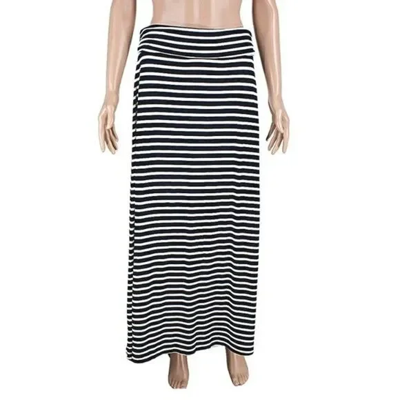 Maxi Skirt Striped Slouchy Waist Stretchy Jersey Knit Blue & White Size Small