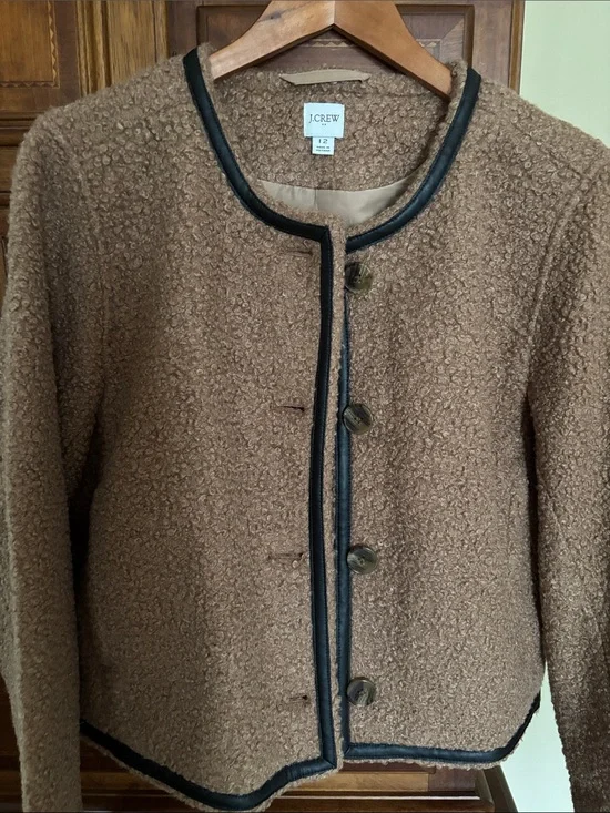 J. Crew Camel Teddy Bouclé Jacket with Black Trim