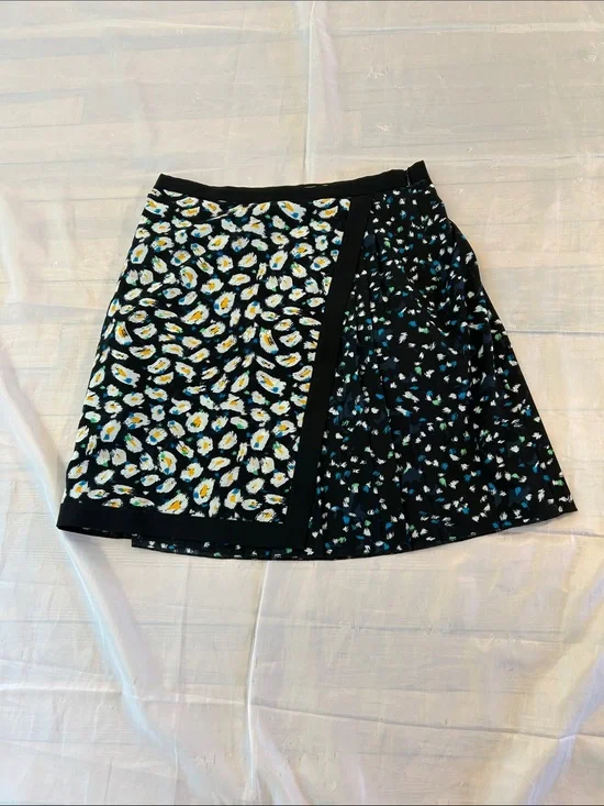 J. Crew Black Floral A-Line Wrap Skirt with White and Yellow Daisies