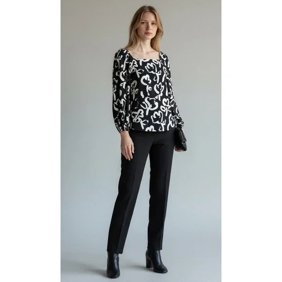 J Crew 365 Shirt Women 4‎ Navy Blue Square Neck Floral Print Blouse Preppy Retro