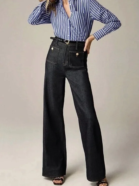 J. Crew 96 slim High-Rise Wide Leg TrouserJeans with gold button detail sz 27