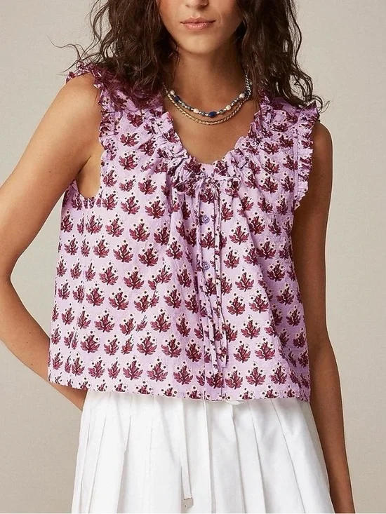 NWT J. Crew Ruffle-trim Button-up Top Block Print Sleeveless Lavender XS Bow