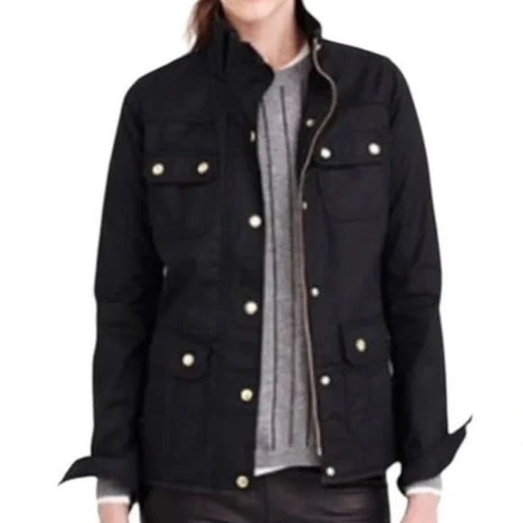 J. Crew Black Downtown Field Utility Jacket Zip Snap S‎ Military Waxed Women's