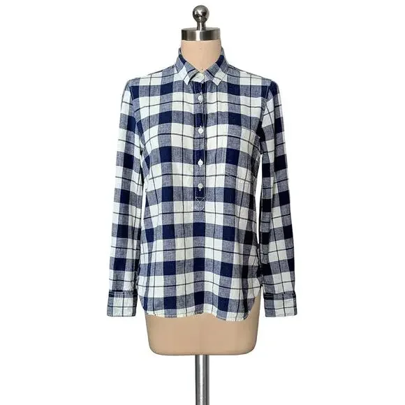 J.Crew Vintage Plaid Half Button Up Shirt - Navy and White - S