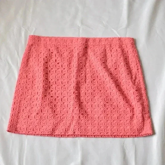 J.CREW 100% Cotton Skirt with Embroidered Oval Pattern in Coral Pink Size 16