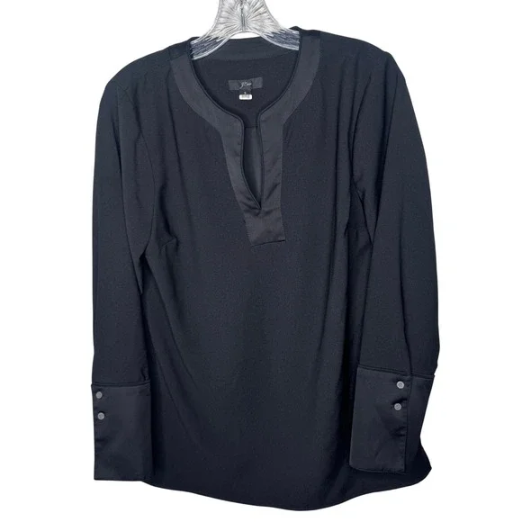 J Crew Black Satin‎ Trim V Neck Long Sleeve Blouse Top Womens Size S Business