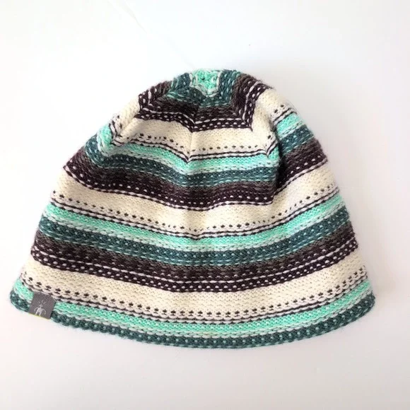 Smartwool Merino Wool Blend‎ Striped Beanie Hat Teal Cream Charcoal Gorpcore