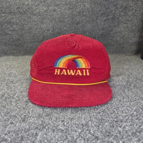 Vintage Hawaii Rainbow Corduroy Mesh Trucker Snapback Hat Red Hawaiian Headwear