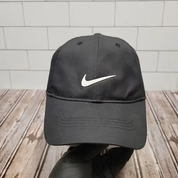 Nike Golf Black Adjustable Hat White Center Swoosh Hook & Loop Strap