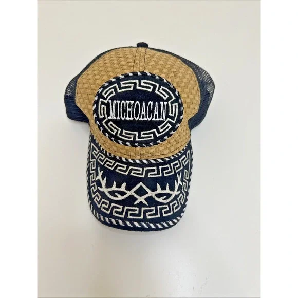 Mexico Michoacan Rodeo‎ Cowboy Embroidered Woven Straw Trucker Hat Snapback Cap
