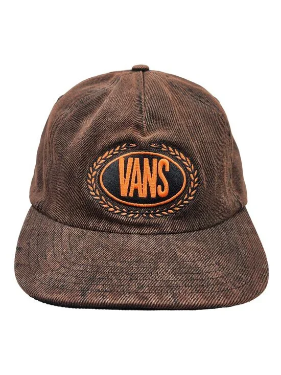 Vans Brown Denim Snapback Hat With Embroidered Orange Logo