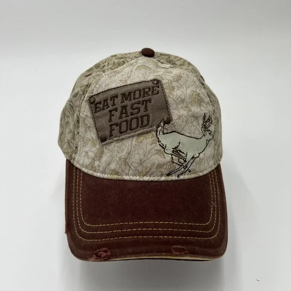 Eat‎ More Fast Food Deer Hunting Camo Trucker Hat Brown Distressed Snapback Cap