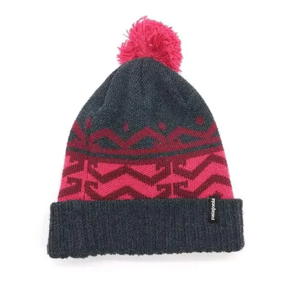 Patagonia Toboggan Beanie Skull Cap One Size Powder Town Pom Pom Pink‎ Gray