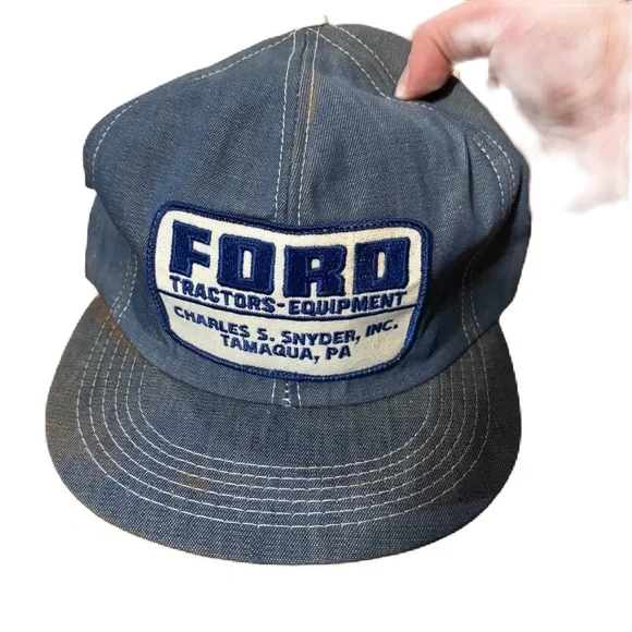 Vintage Ford Tractors Blue Denim Hat Patch K Products Made in USA SnapBack Blue