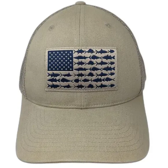 Columbia PFG Baseball Cap Beige One Size Mesh American Flag Fish Patch Hat Blue