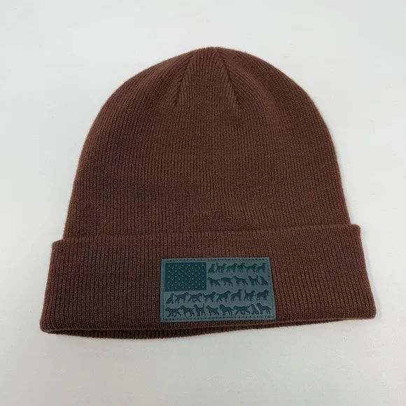 Columbia PHG Performance‎ Hunting Gear Beanie Brown Knit Dog Flag Patch Hat Mens