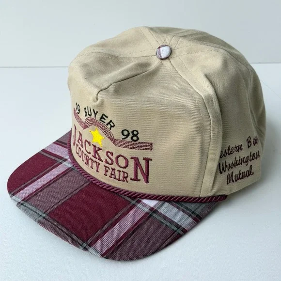 Vintage 1998 Jackson County Fair Snapback Trucker Hat Tan Plaid Made in USA 90s