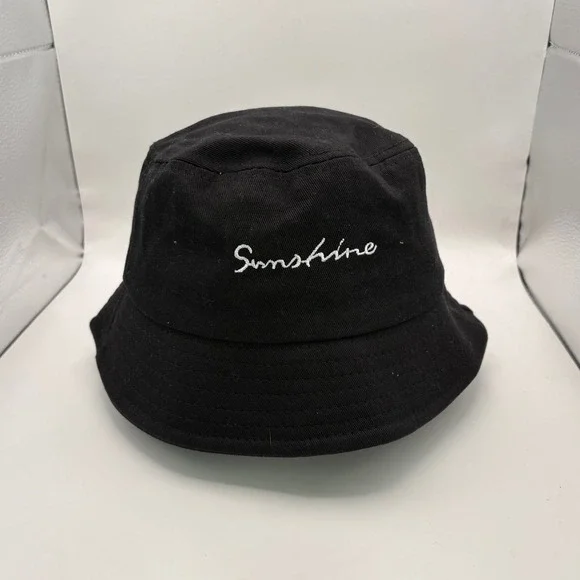 Black Bucket Hat Sunshine Embroidery Casual Cotton‎ Unisex Fisherman Cap